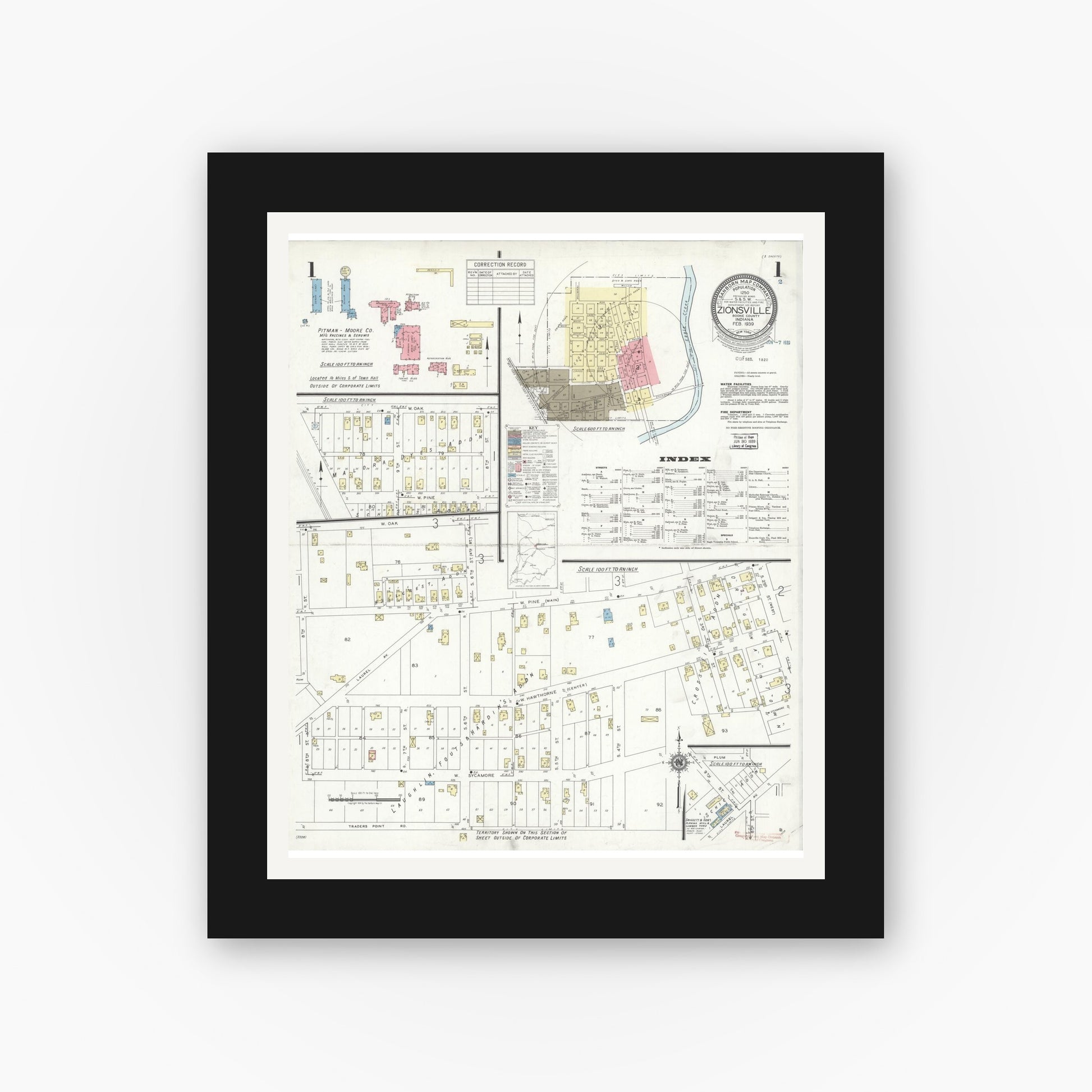 Old map wall art mockup — black gallery frame with white mat — Sanborn Fire Insurance Map from Zionsville, Boone County, Indiana (1939) - Complete Map Set