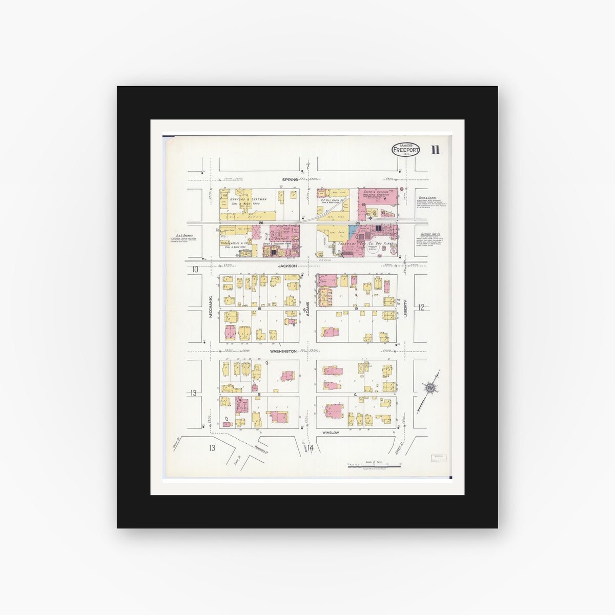 Old map wall art mockup — black gallery frame with white mat — Sanborn Fire Insurance Map from Freeport, Stephenson County, Illinois (1918), Sheet #0011