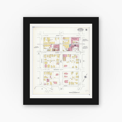 Old map wall art mockup — black gallery frame with white mat — Sanborn Fire Insurance Map from Freeport, Stephenson County, Illinois (1918), Sheet #0011