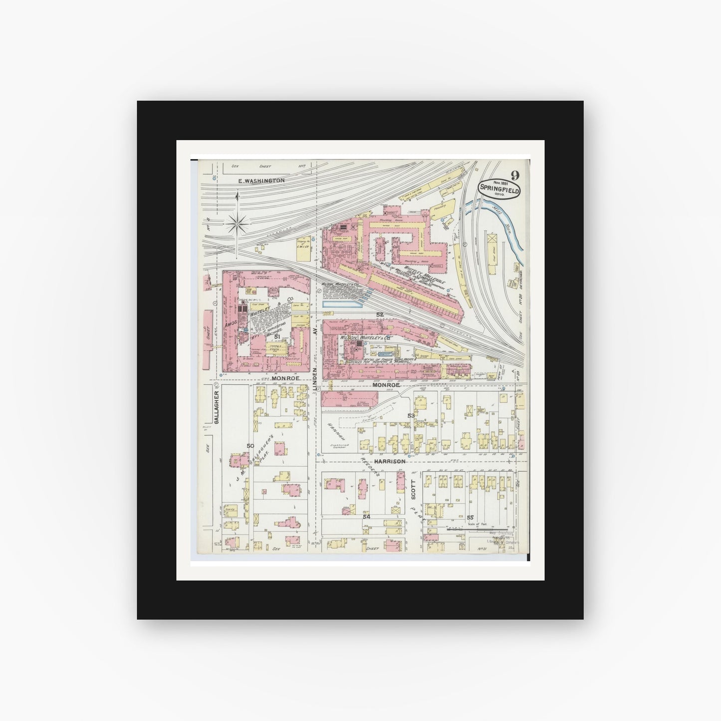Old map wall art mockup — black gallery frame with white mat — Sanborn Fire Insurance Map from Springfield, Clark County, Ohio (1891), Sheet #0009