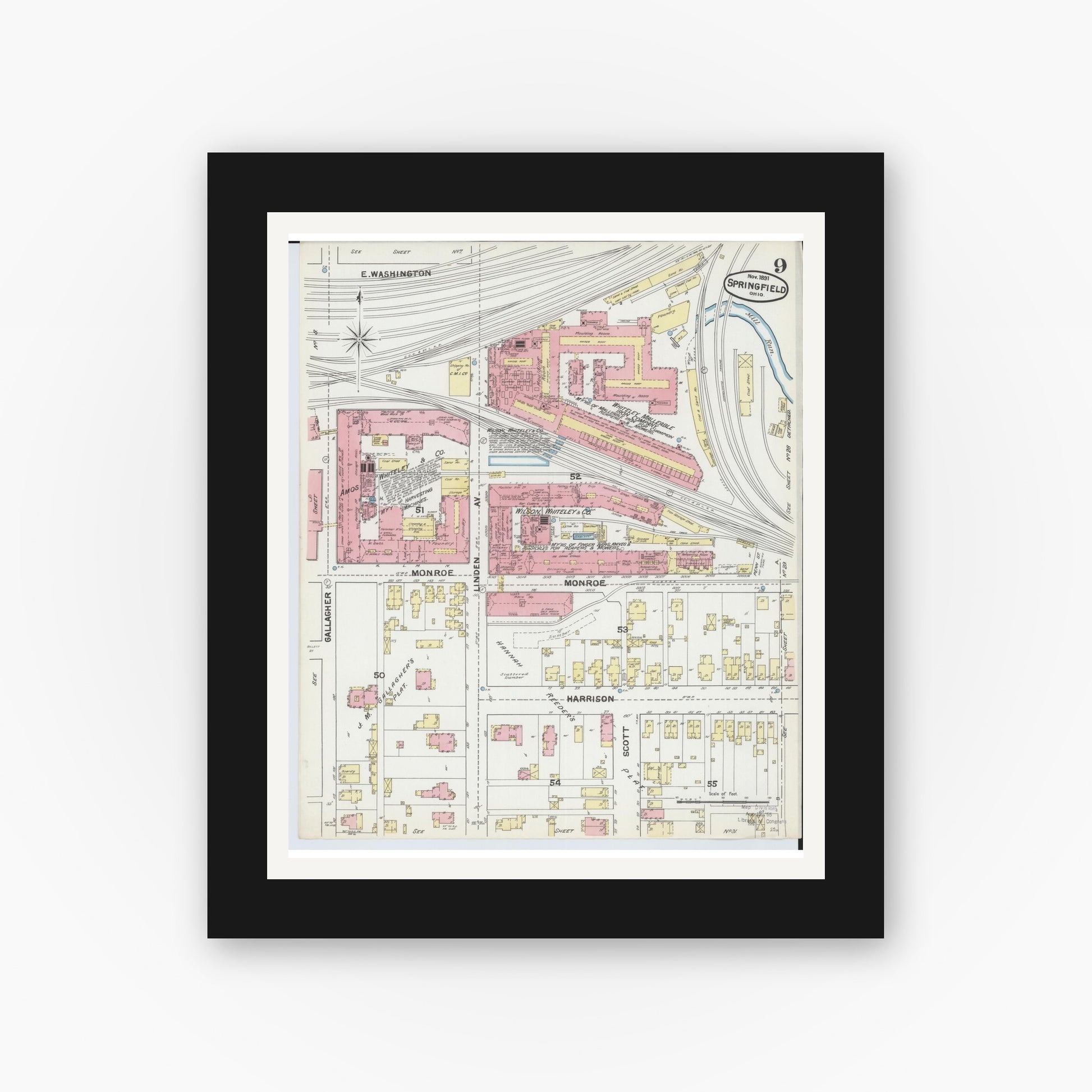 Old map wall art mockup — black gallery frame with white mat — Sanborn Fire Insurance Map from Springfield, Clark County, Ohio (1891), Sheet #0009