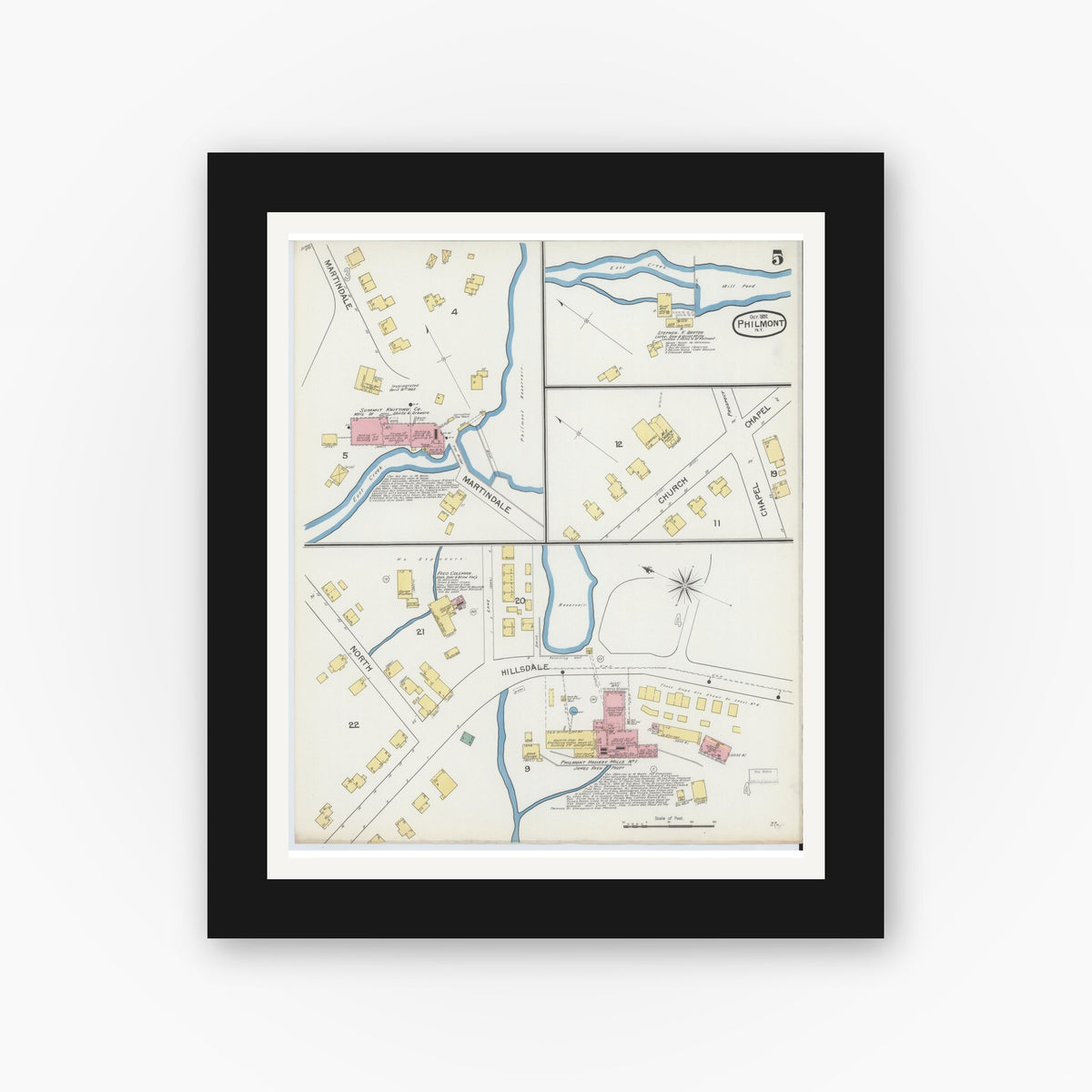 Old map wall art mockup — black gallery frame with white mat — Sanborn Fire Insurance Map from Philmont, Columbia County, New York (1892), Sheet #0005