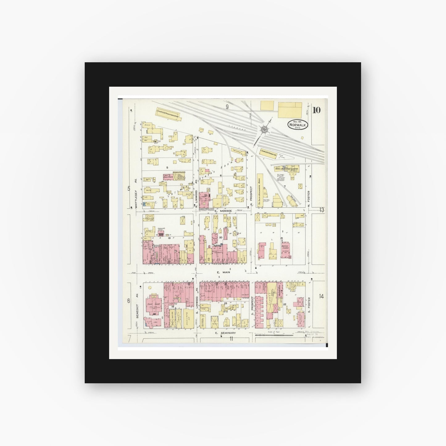 Old map wall art mockup — black gallery frame with white mat — Sanborn Fire Insurance Map from Norwalk, Huron County, Ohio (1911), Sheet #0010