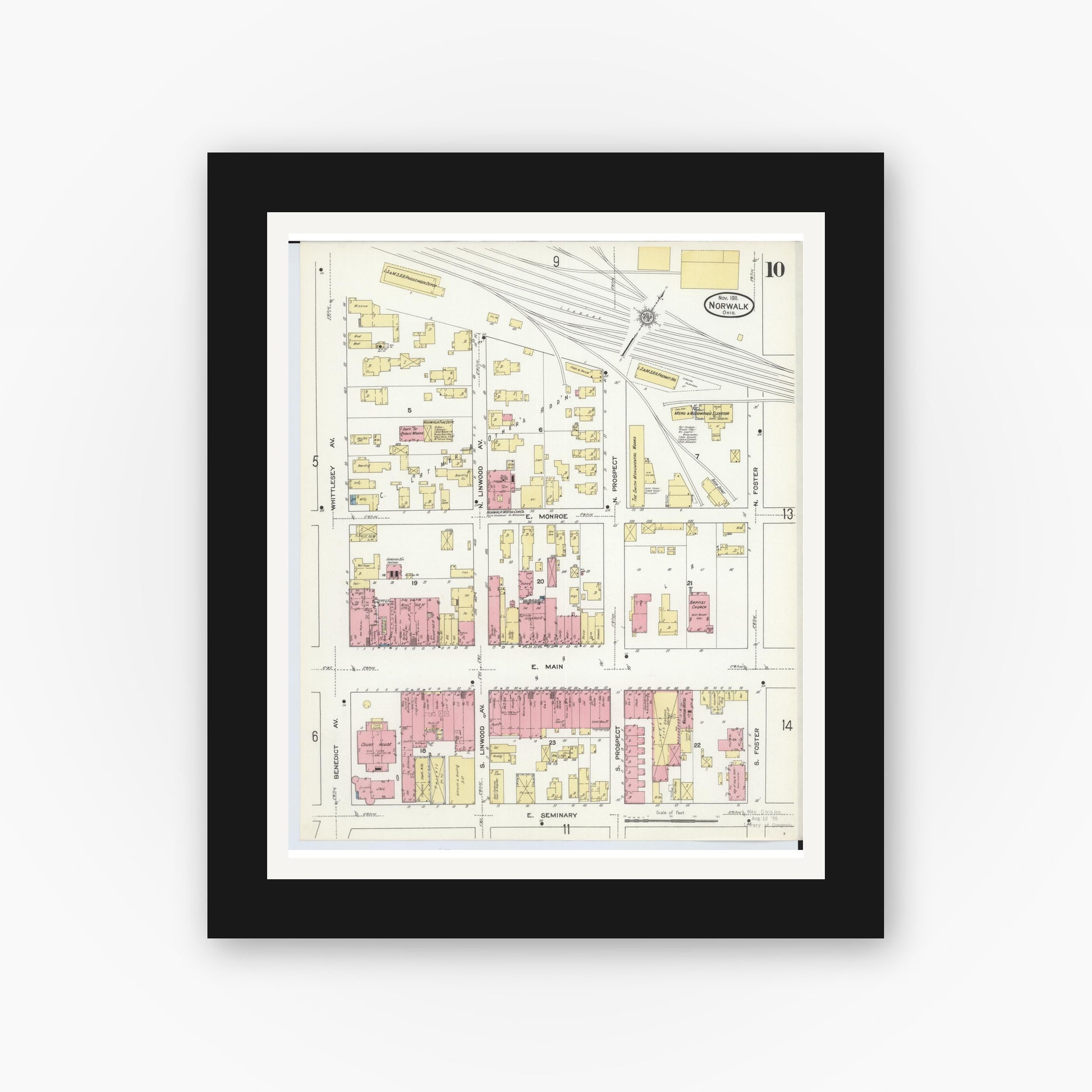 Old map wall art mockup — black gallery frame with white mat — Sanborn Fire Insurance Map from Norwalk, Huron County, Ohio (1911), Sheet #0010