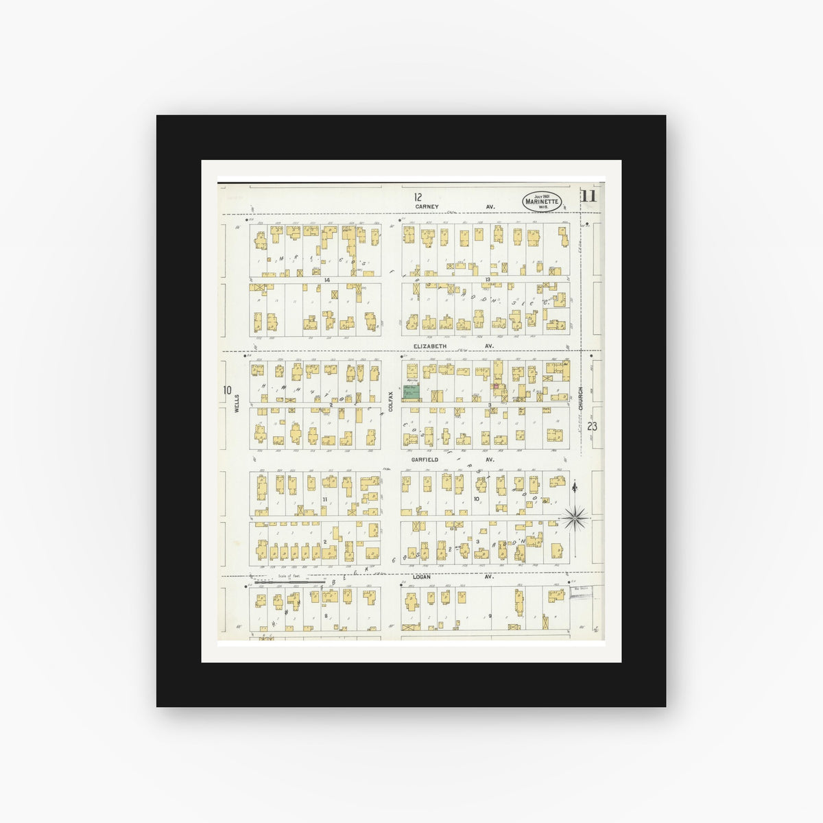 Old map wall art mockup — black gallery frame with white mat — Sanborn Fire Insurance Map from Marinette, Marinette County, Wisconsin (1901), Sheet #0011
