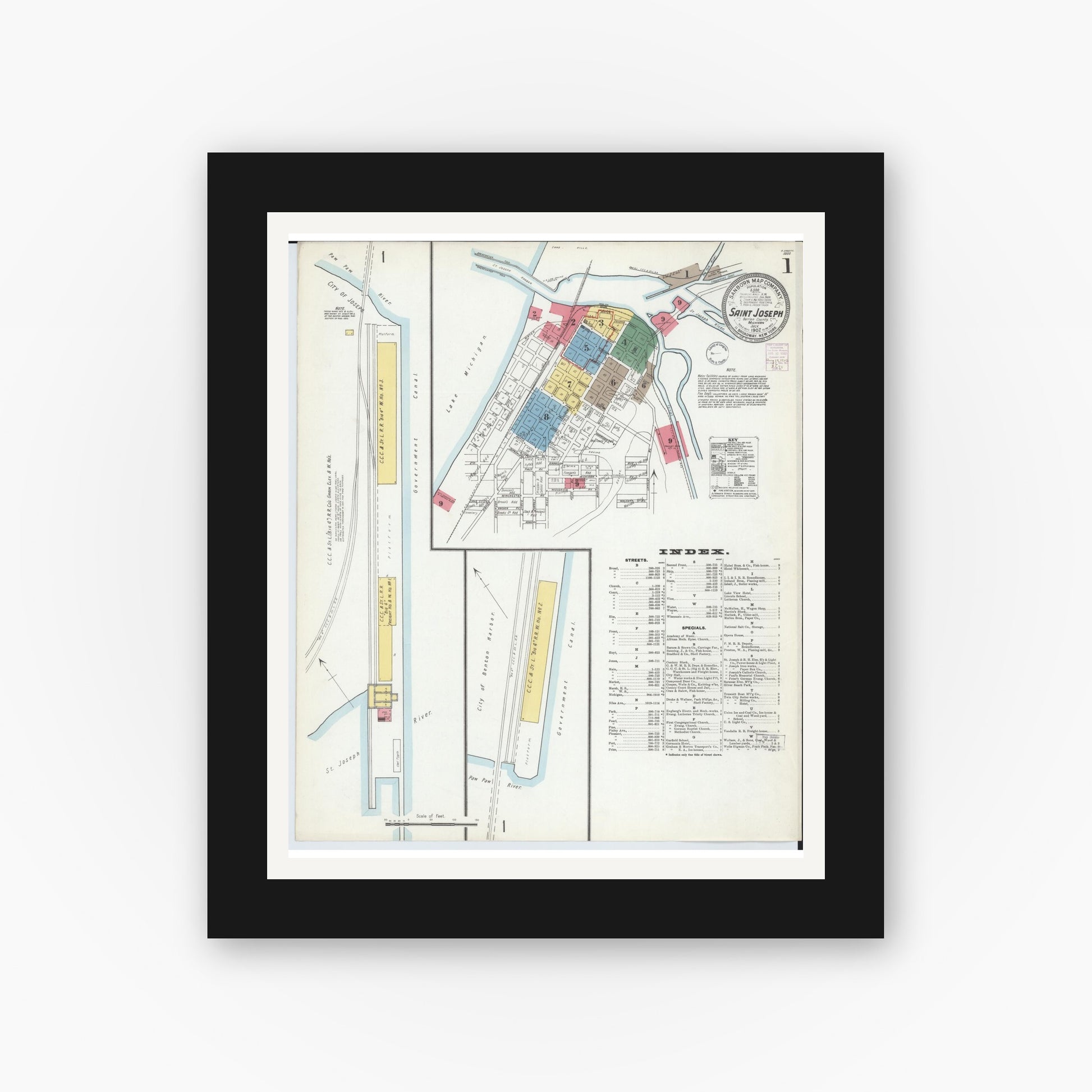Old map wall art mockup — black gallery frame with white mat — Sanborn Fire Insurance Map from Saint Joseph, Berrien County, Michigan (1902) - Complete Map Set