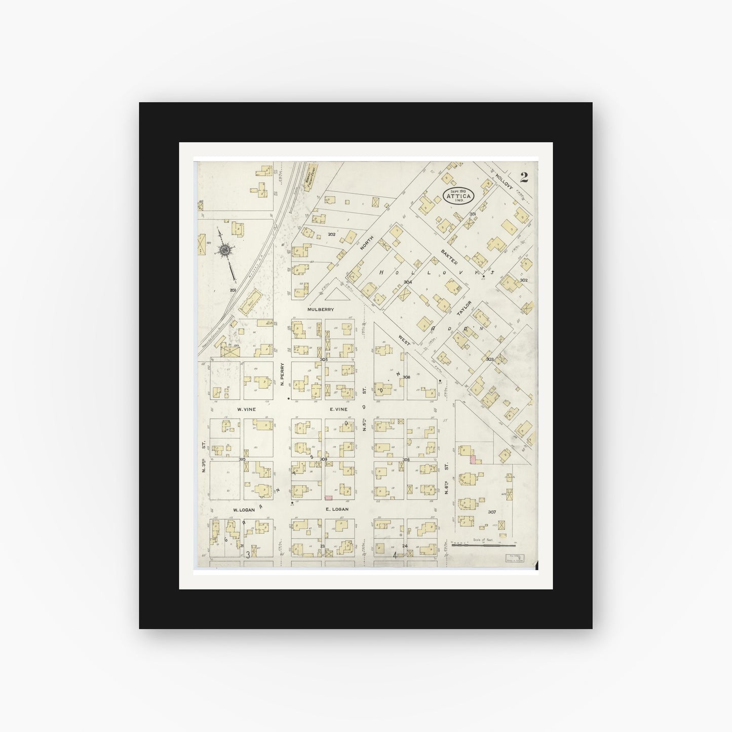 Old map wall art mockup — black gallery frame with white mat — Sanborn Fire Insurance Map from Attica, Fountain County, Indiana (1910), Sheet #0002