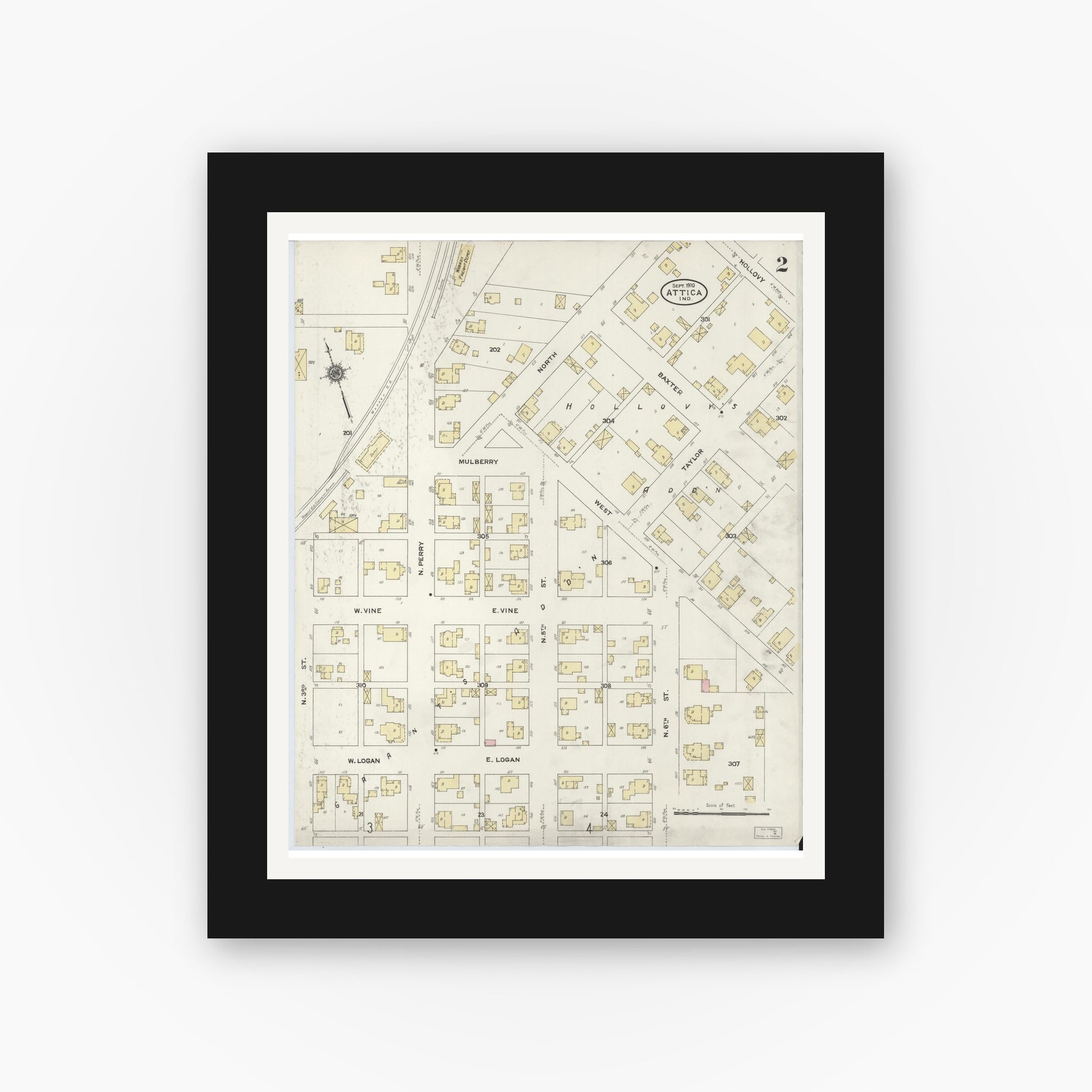 Old map wall art mockup — black gallery frame with white mat — Sanborn Fire Insurance Map from Attica, Fountain County, Indiana (1910), Sheet #0002
