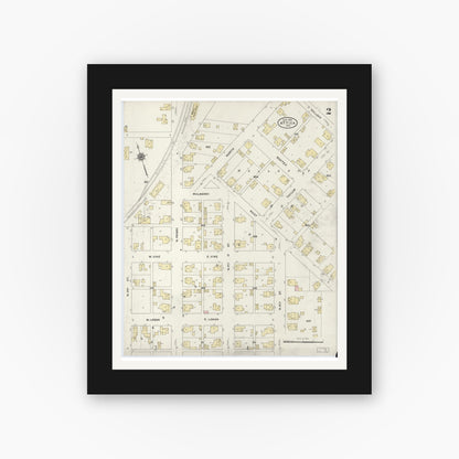 Old map wall art mockup — black gallery frame with white mat — Sanborn Fire Insurance Map from Attica, Fountain County, Indiana (1910), Sheet #0002