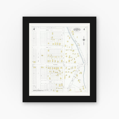 Old map wall art mockup — black gallery frame with white mat — Sanborn Fire Insurance Map from Mountain Iron, Saint Louis County, Minnesota (1928), Sheet #0004