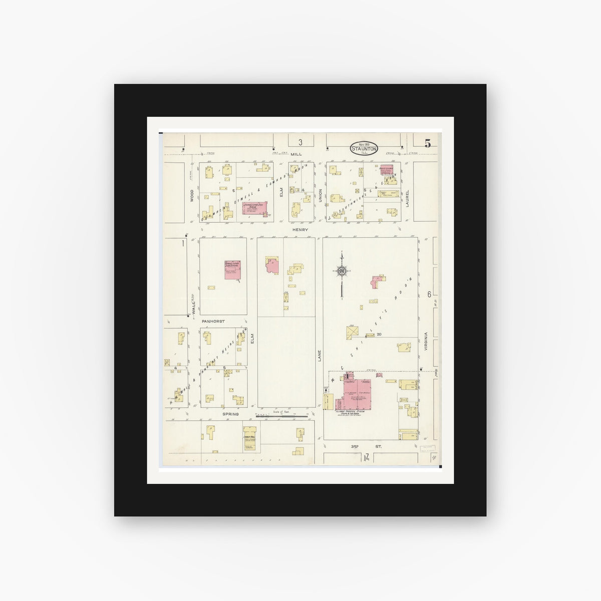 Old map wall art mockup — black gallery frame with white mat — Sanborn Fire Insurance Map from Staunton, Macoupin County, Illinois (1913), Sheet #0005