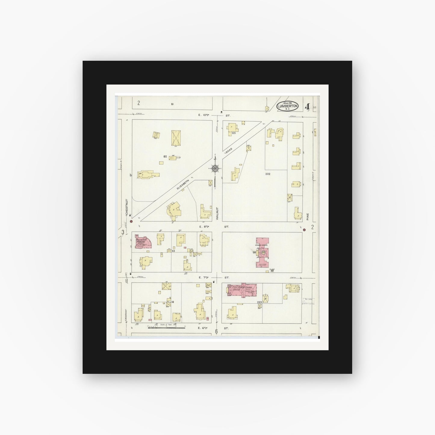 Old map wall art mockup — black gallery frame with white mat — Sanborn Fire Insurance Map from Lumberton, Robeson County, North Carolina (1914), Sheet #0004