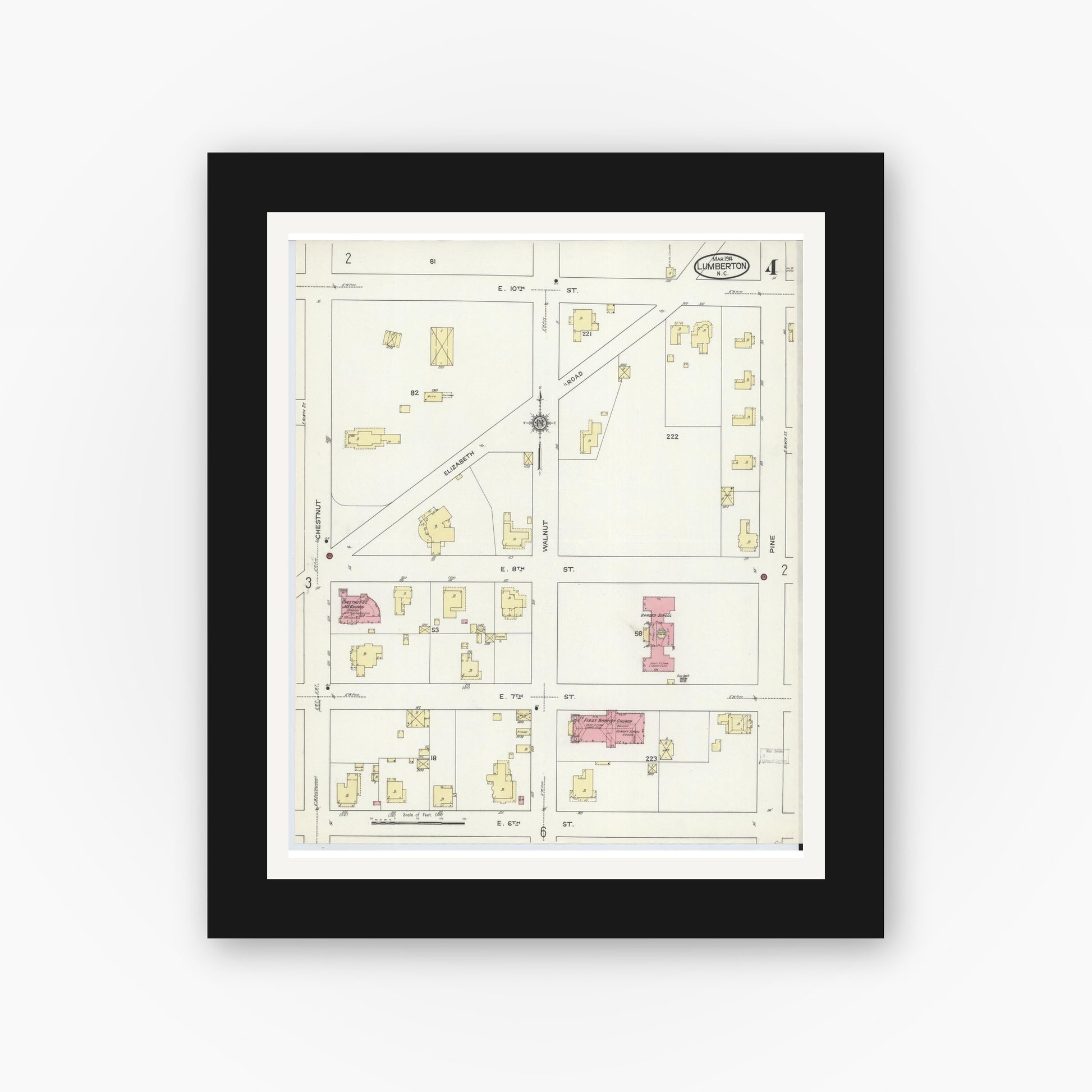 Old map wall art mockup — black gallery frame with white mat — Sanborn Fire Insurance Map from Lumberton, Robeson County, North Carolina (1914), Sheet #0004