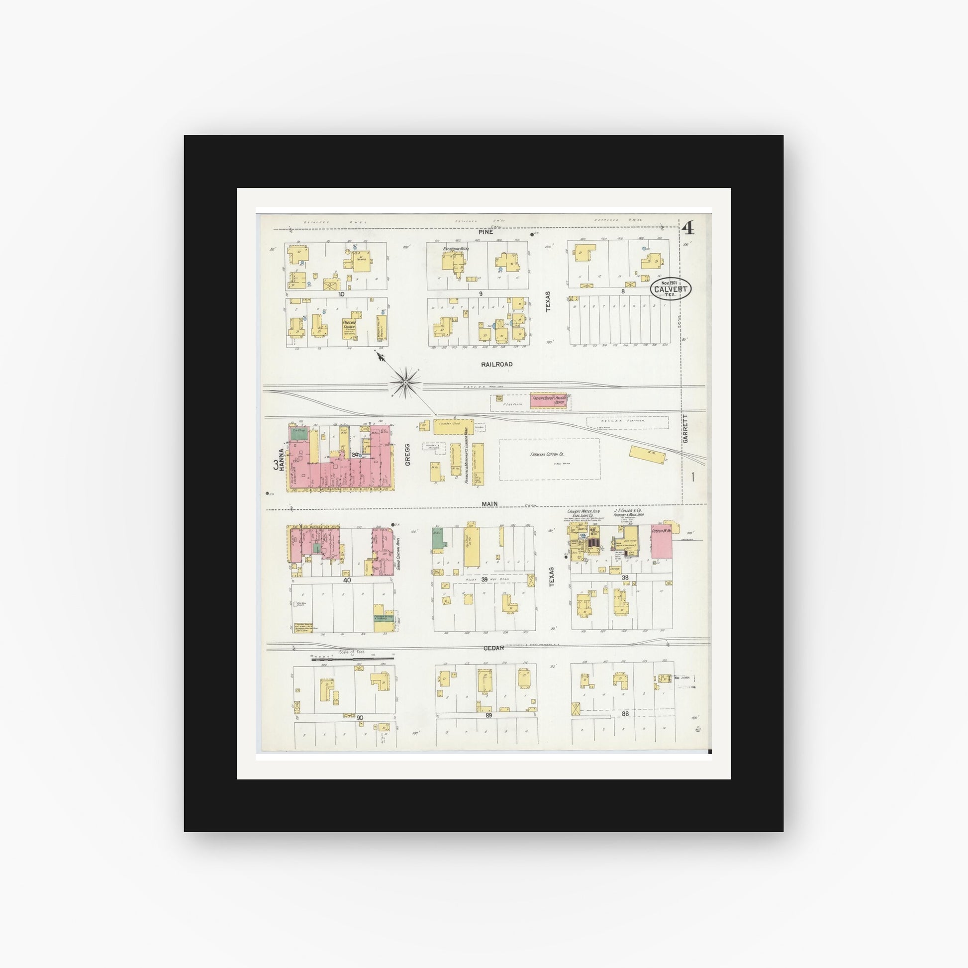 Old map wall art mockup — black gallery frame with white mat — Sanborn Fire Insurance Map from Calvert, Robertson County, Texas (1901), Sheet #0004