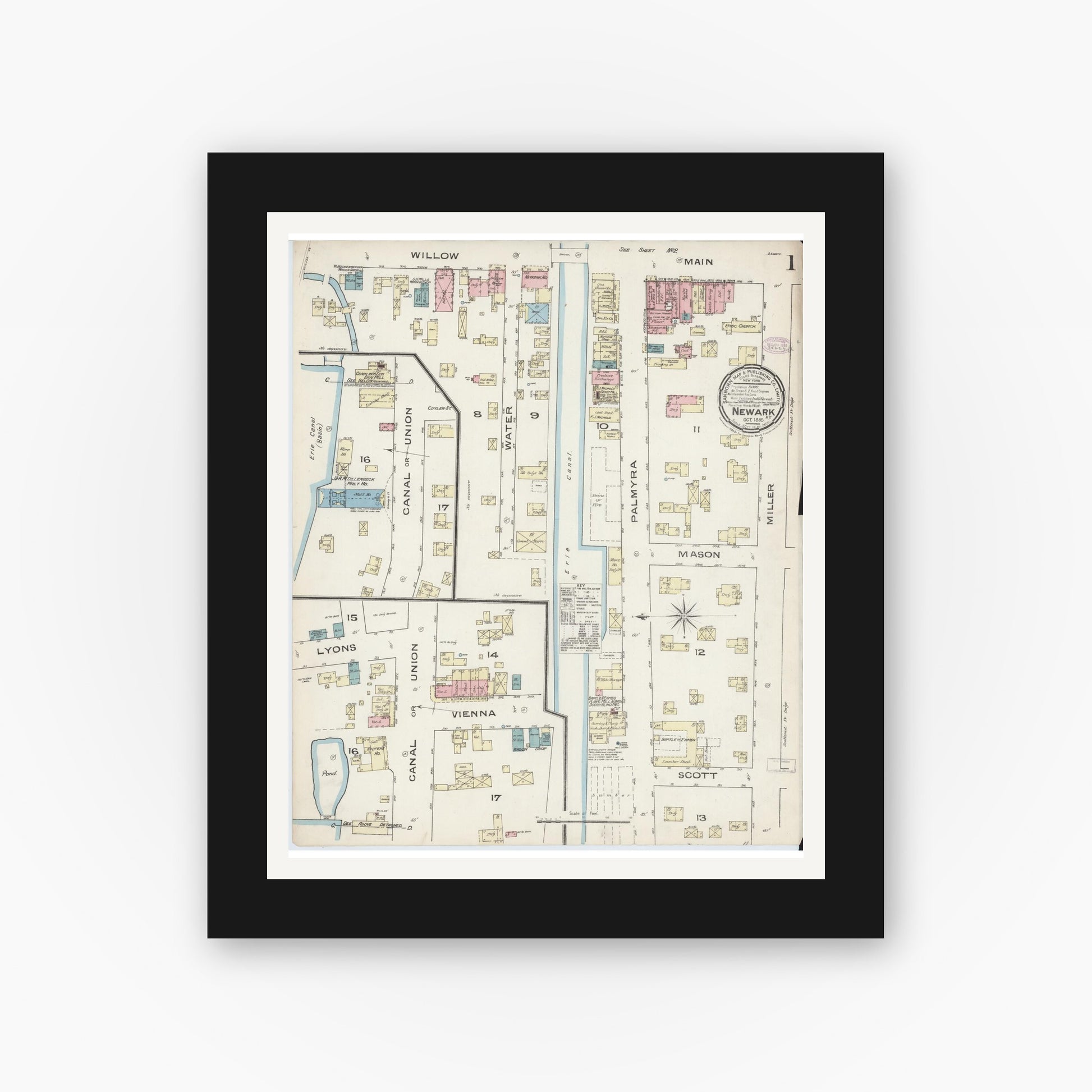 Old map wall art mockup — black gallery frame with white mat — Sanborn Fire Insurance Map from Newark, Wayne County, New York (1885), Sheet #0001