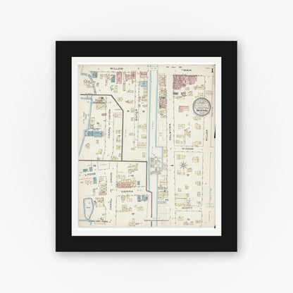 Old map wall art mockup — black gallery frame with white mat — Sanborn Fire Insurance Map from Newark, Wayne County, New York (1885), Sheet #0001