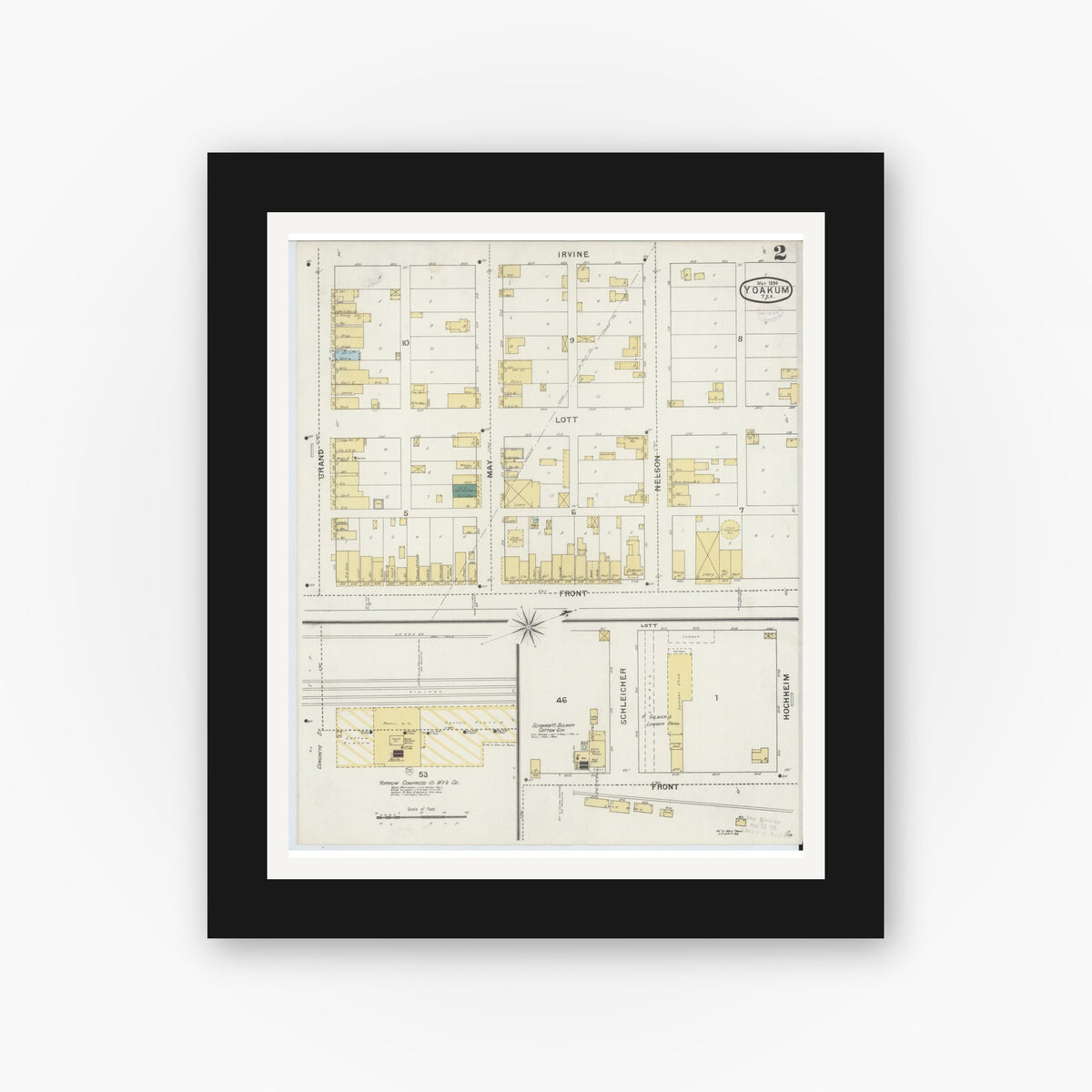 Old map wall art mockup — black gallery frame with white mat — Sanborn Fire Insurance Map from Yoakum, De Witt And Lavaca Counties, Texas (1894), Sheet #0002