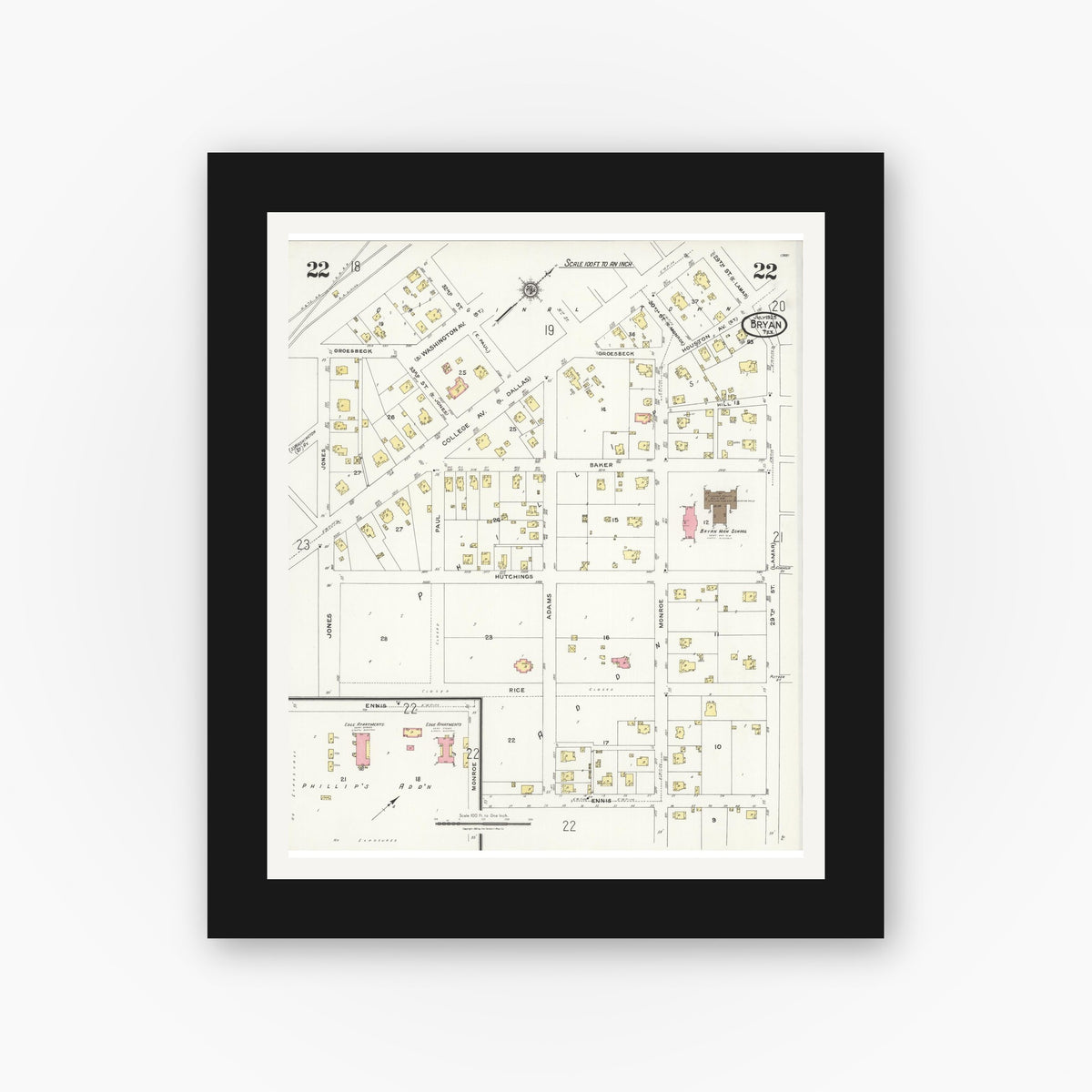 Old map wall art mockup — black gallery frame with white mat — Sanborn Fire Insurance Map from Bryan, Brazos County, Texas (1925), Sheet #0022