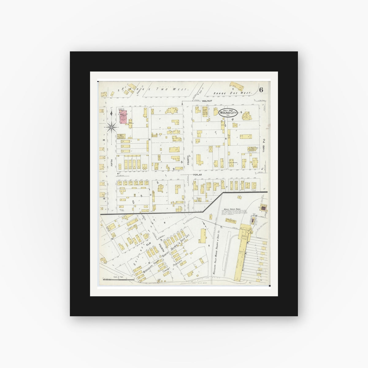 Old map wall art mockup — black gallery frame with white mat — Sanborn Fire Insurance Map from Mound City, Pulaski County, Illinois (1907), Sheet #0006