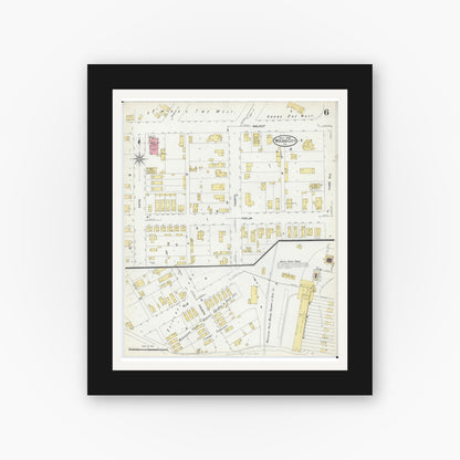 Old map wall art mockup — black gallery frame with white mat — Sanborn Fire Insurance Map from Mound City, Pulaski County, Illinois (1907), Sheet #0006