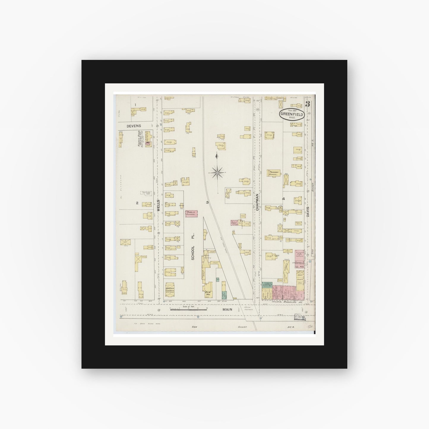 Old map wall art mockup — black gallery frame with white mat — Sanborn Fire Insurance Map from Greenfield, Franklin County, Massachusetts (1887), Sheet #0003