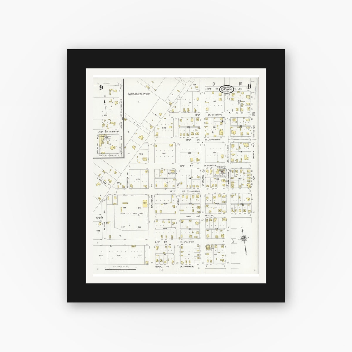 Old map wall art mockup — black gallery frame with white mat — Sanborn Fire Insurance Map from Bryan, Brazos County, Texas (1925), Sheet #0009