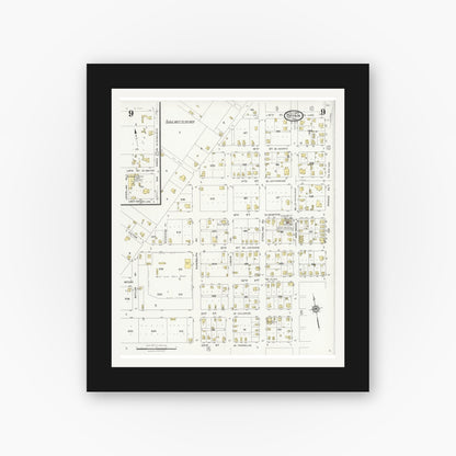 Old map wall art mockup — black gallery frame with white mat — Sanborn Fire Insurance Map from Bryan, Brazos County, Texas (1925), Sheet #0009