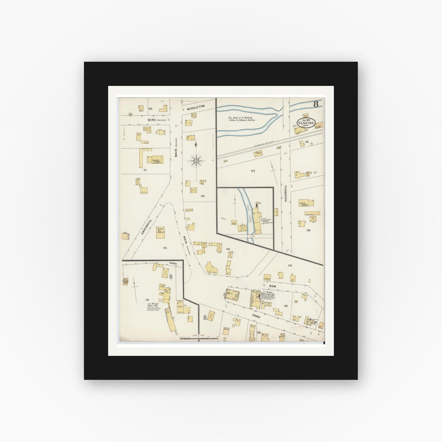 Old map wall art mockup — black gallery frame with white mat — Sanborn Fire Insurance Map from Reading, Middlesex County, Massachusetts (1897), Sheet #0008