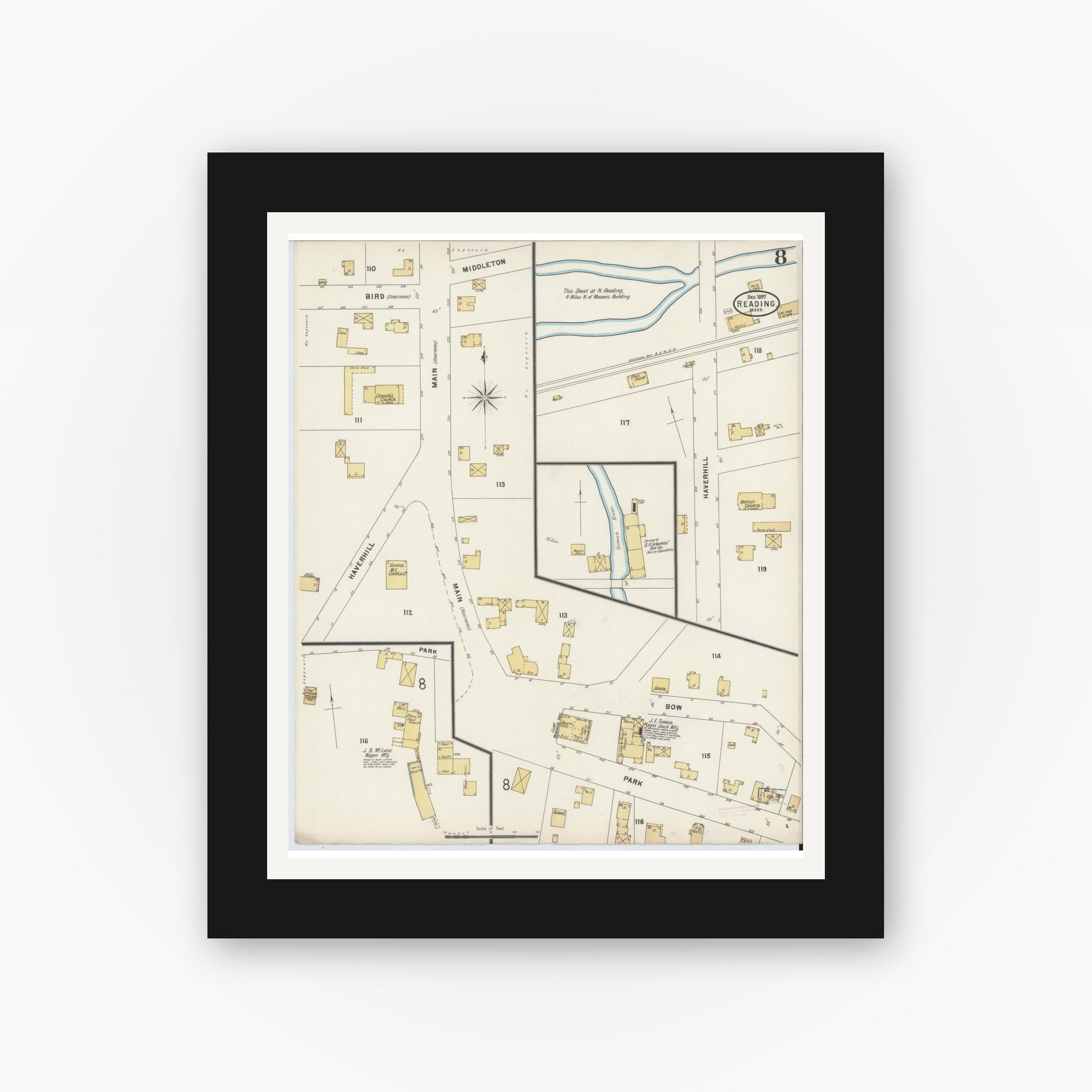 Old map wall art mockup — black gallery frame with white mat — Sanborn Fire Insurance Map from Reading, Middlesex County, Massachusetts (1897), Sheet #0008