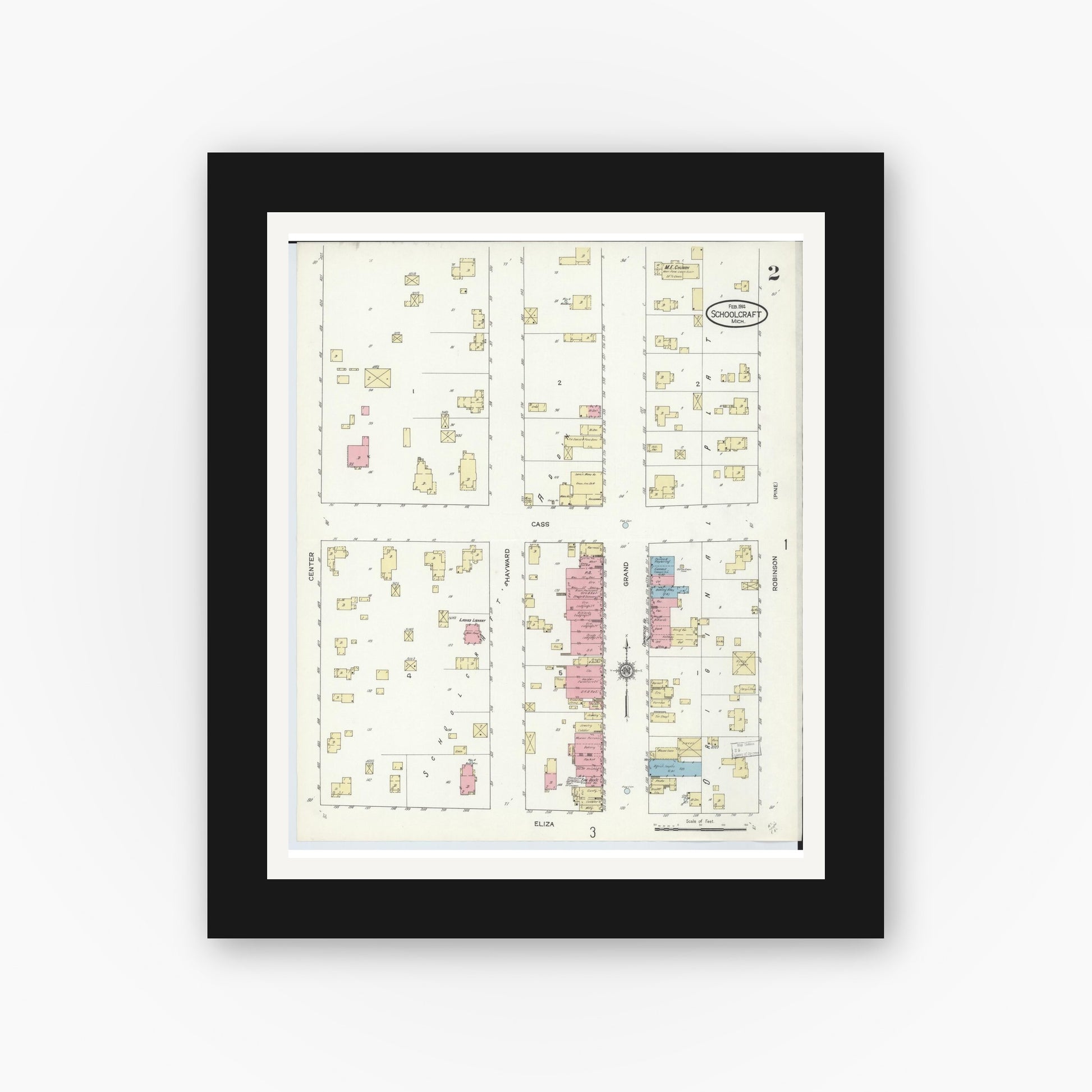 Old map wall art mockup — black gallery frame with white mat — Sanborn Fire Insurance Map from Schoolcraft, Kalamazoo County, Michigan (1914), Sheet #0002