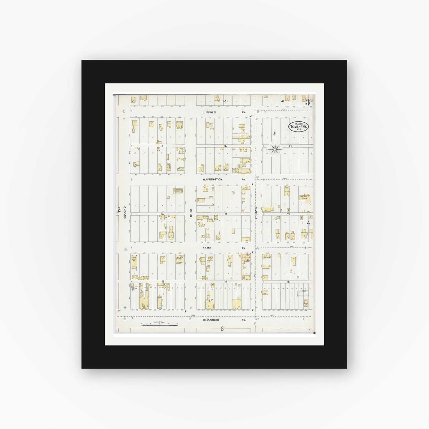 Old map wall art mockup — black gallery frame with white mat — Sanborn Fire Insurance Map from Tomahawk, Lincoln County, Wisconsin (1898), Sheet #0003