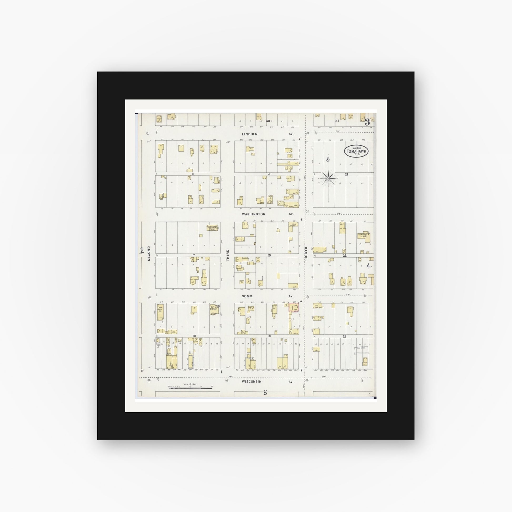 Old map wall art mockup — black gallery frame with white mat — Sanborn Fire Insurance Map from Tomahawk, Lincoln County, Wisconsin (1898), Sheet #0003