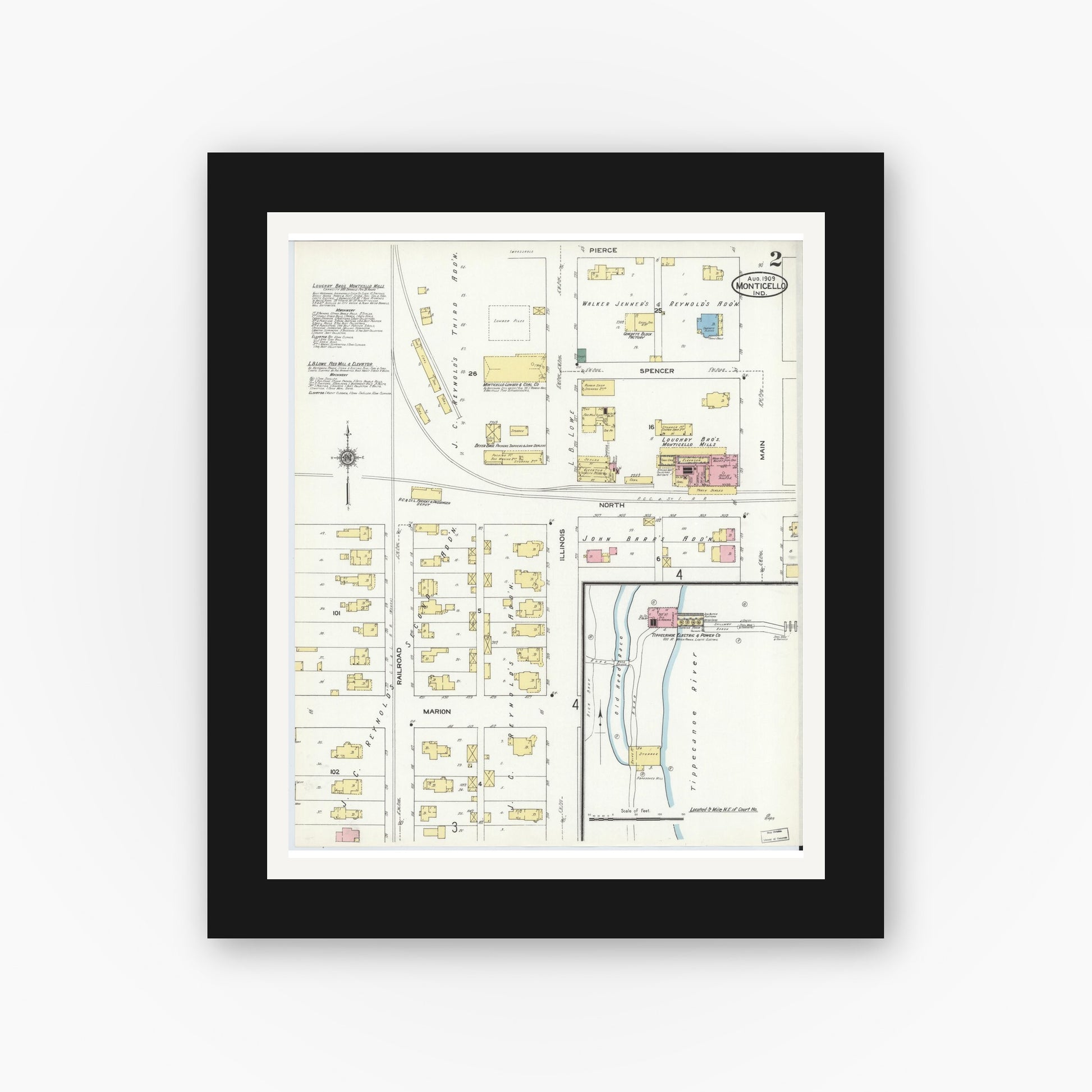 Old map wall art mockup — black gallery frame with white mat — Sanborn Fire Insurance Map from Monticello, White County, Indiana (1909), Sheet #0002