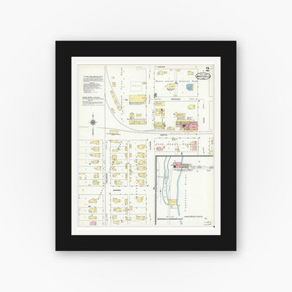 Old map wall art mockup — black gallery frame with white mat — Sanborn Fire Insurance Map from Monticello, White County, Indiana (1909), Sheet #0002