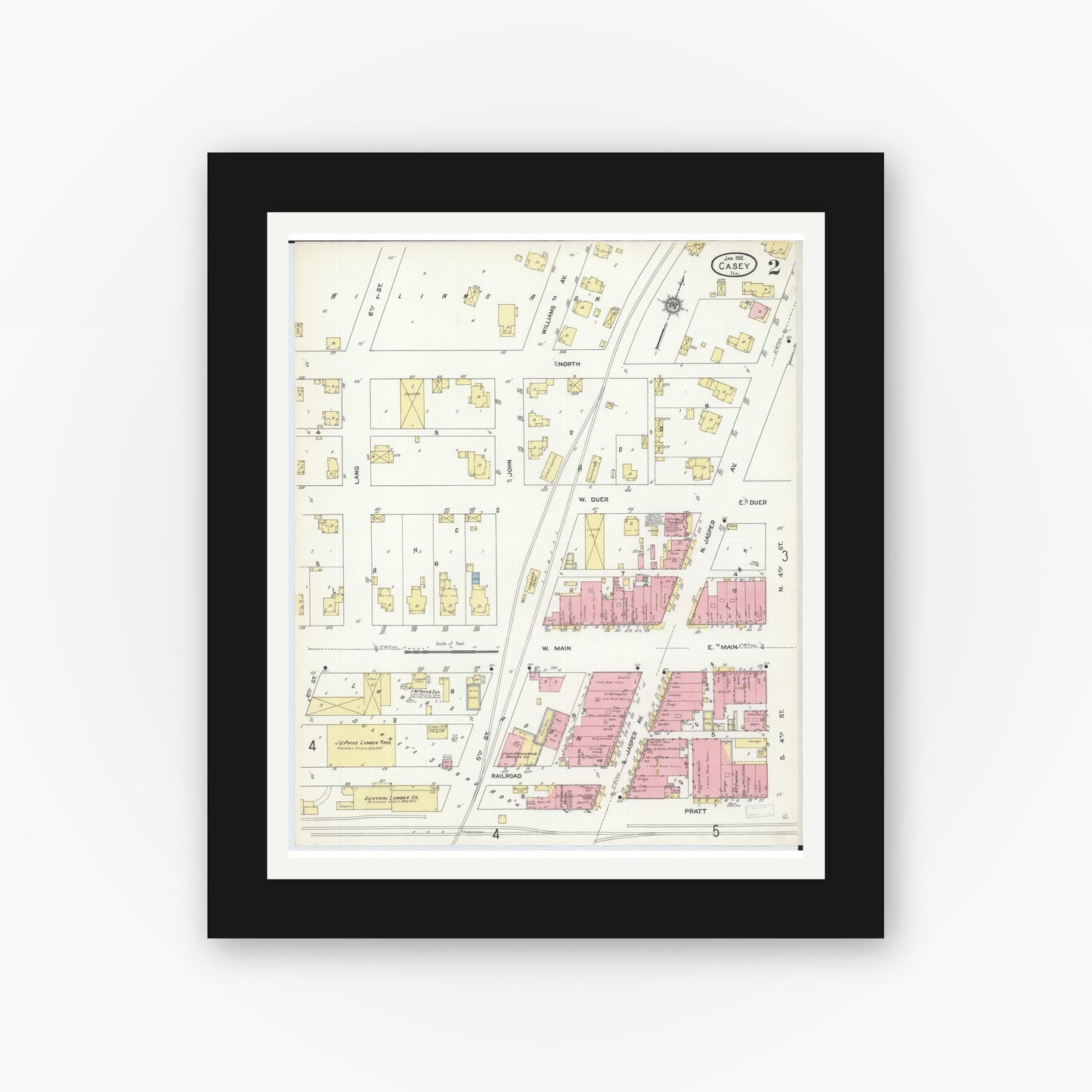 Old map wall art mockup — black gallery frame with white mat — Sanborn Fire Insurance Map from Casey, Clark County, Illinois (1912), Sheet #0002