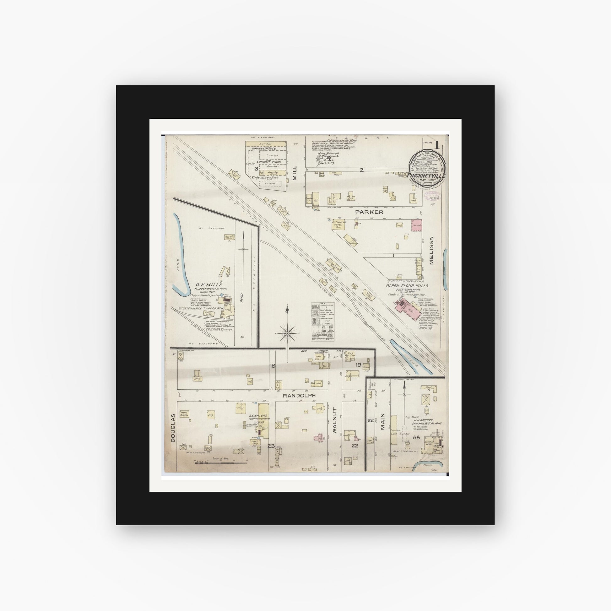 Old map wall art mockup — black gallery frame with white mat — Sanborn Fire Insurance Map from Pinckneyville, Perry County, Illinois (1886) - Complete Map Set