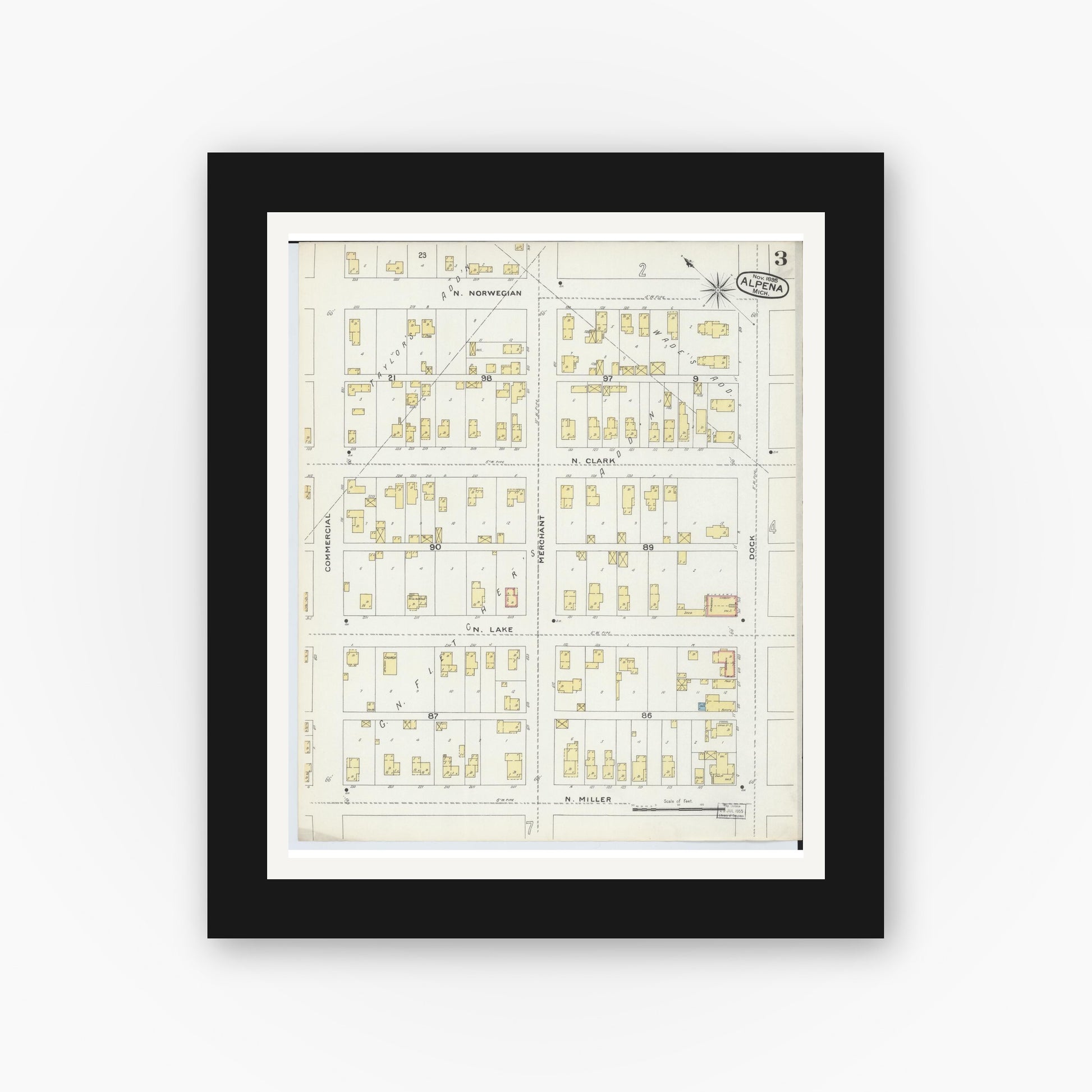 Old map wall art mockup — black gallery frame with white mat — Sanborn Fire Insurance Map from Alpena, Alpena County, Michigan (1895), Sheet #0003