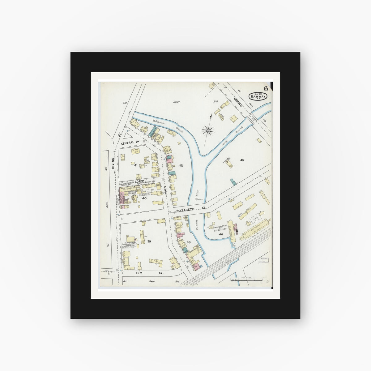 Old map wall art mockup — black gallery frame with white mat — Sanborn Fire Insurance Map from Rahway, Union County, New Jersey (1891), Sheet #0006