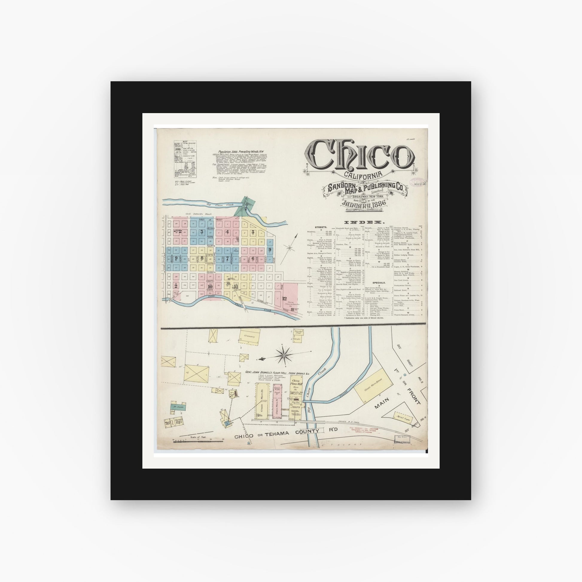 Old map wall art mockup — black gallery frame with white mat — Sanborn Fire Insurance Map from Chico, Butte County, California (1886) - Complete Map Set