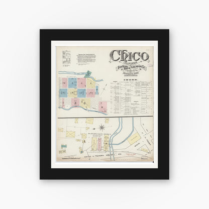 Old map wall art mockup — black gallery frame with white mat — Sanborn Fire Insurance Map from Chico, Butte County, California (1886) - Complete Map Set