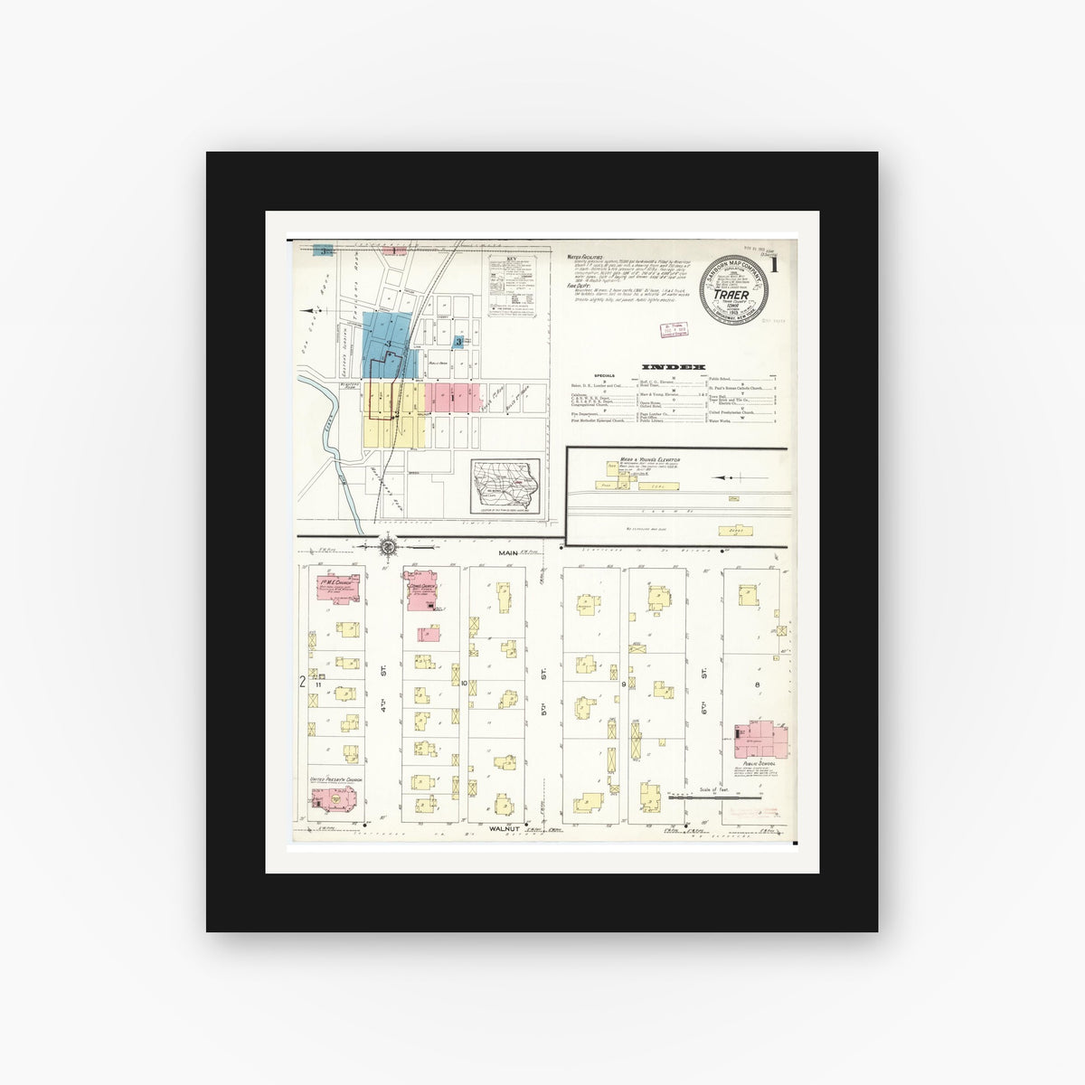 Old map wall art mockup — black gallery frame with white mat — Sanborn Fire Insurance Map from Traer, Tama County, Iowa (1913), Sheet #0001