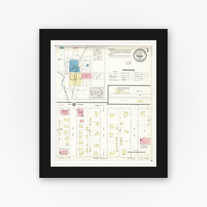Old map wall art mockup — black gallery frame with white mat — Sanborn Fire Insurance Map from Traer, Tama County, Iowa (1913), Sheet #0001