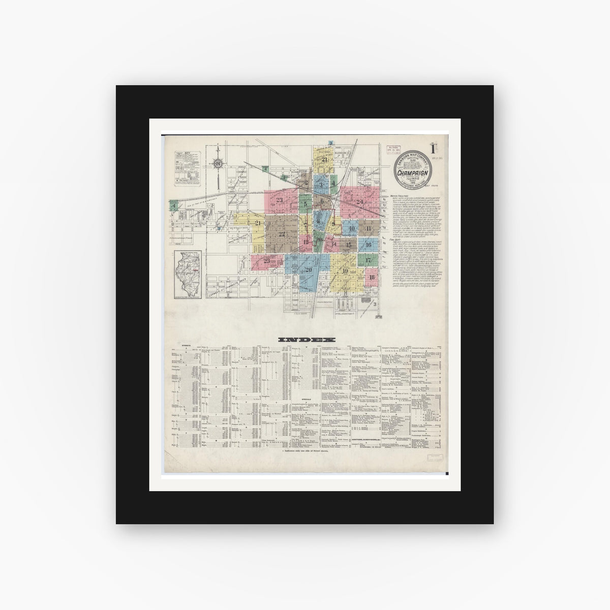 Old map wall art mockup — black gallery frame with white mat — Sanborn Fire Insurance Map from Champaign, Champaign County, Illinois (1915) - Complete Map Set