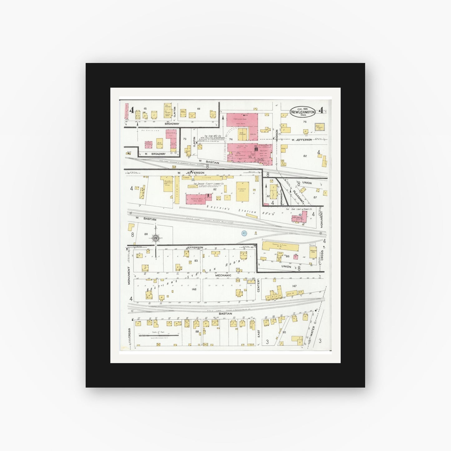 Old map wall art mockup — black gallery frame with white mat — Sanborn Fire Insurance Map from New Lexington, Perry County, Ohio (1926), Sheet #0004