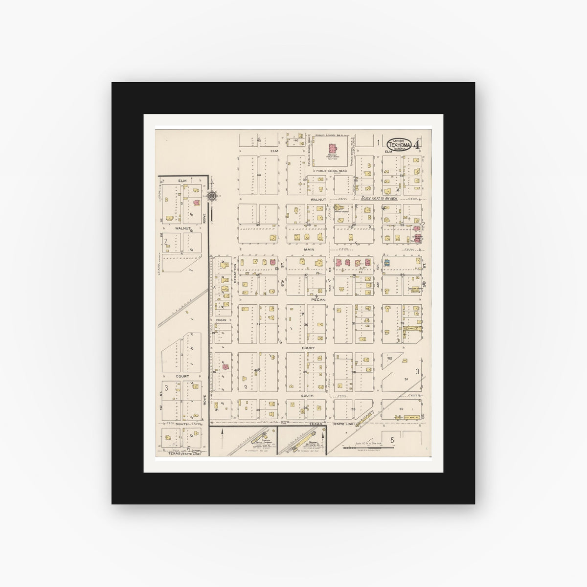 Old map wall art mockup — black gallery frame with white mat — Sanborn Fire Insurance Map from Texhoma, Texas County, Oklahoma and Sherman County, Texas, Texas (1922), Sheet #0004