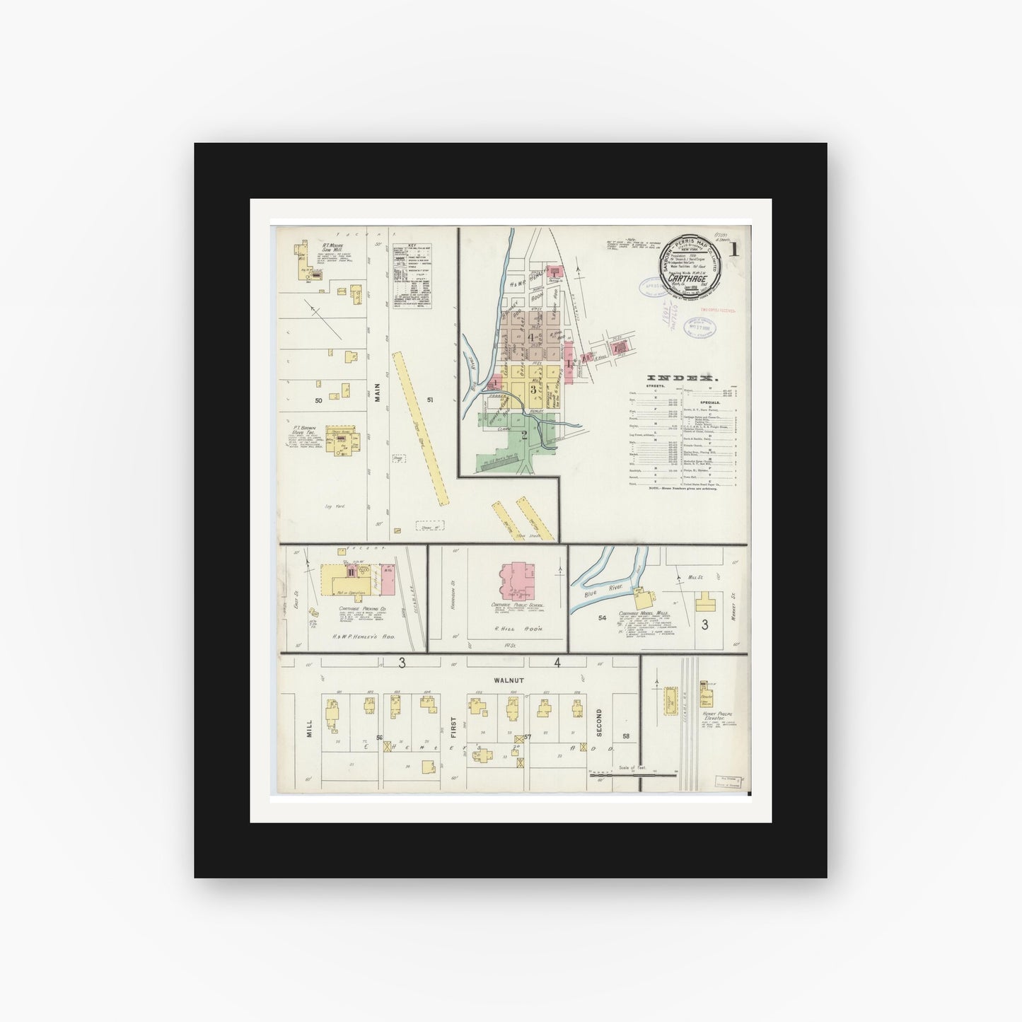 Old map wall art mockup — black gallery frame with white mat — Sanborn Fire Insurance Map from Carthage, Rush County, Indiana (1898) - Complete Map Set