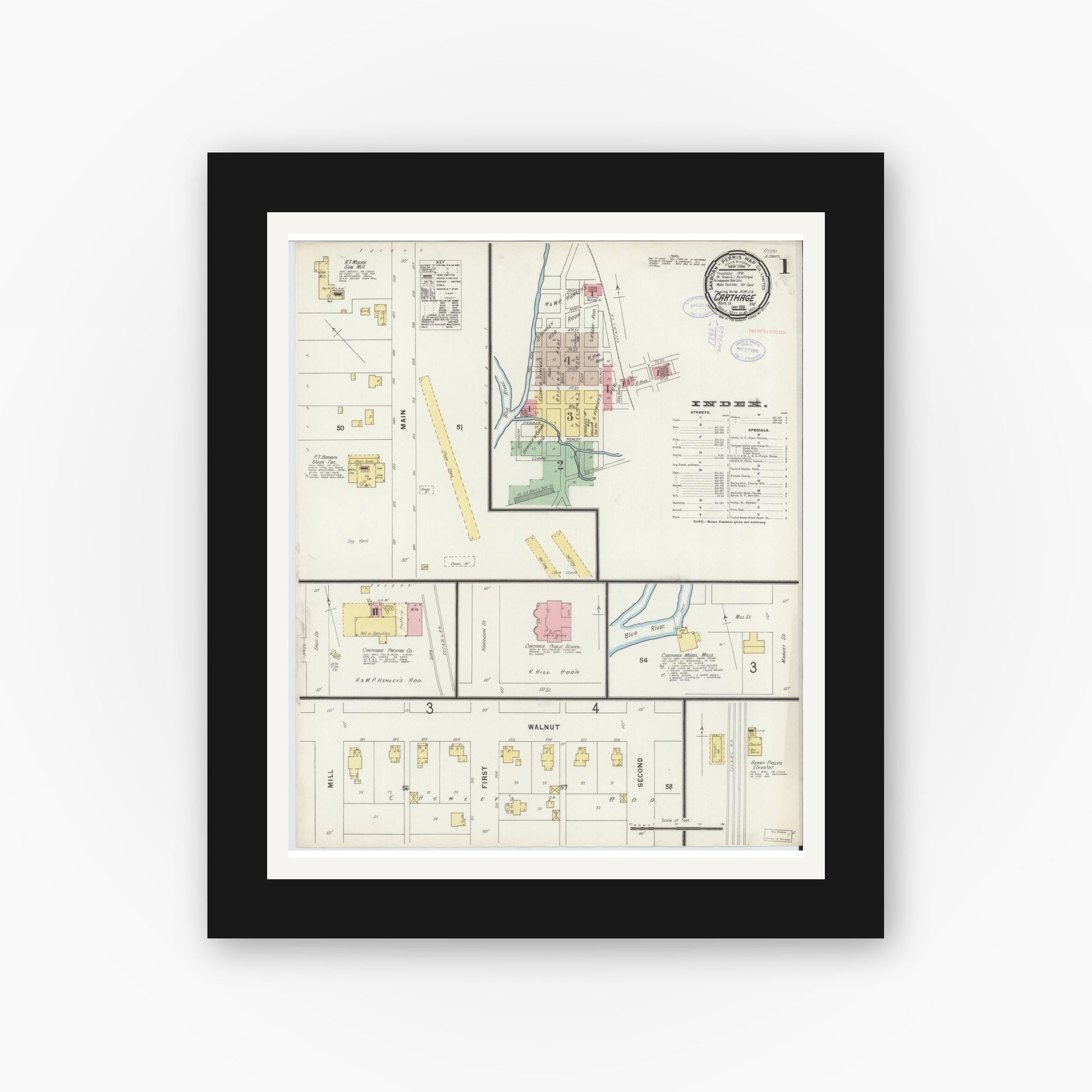 Old map wall art mockup — black gallery frame with white mat — Sanborn Fire Insurance Map from Carthage, Rush County, Indiana (1898) - Complete Map Set