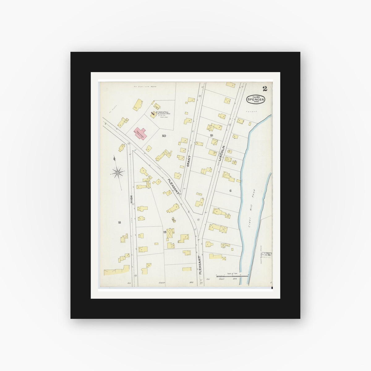 Old map wall art mockup — black gallery frame with white mat — Sanborn Fire Insurance Map from Spencer, Worcester County, Massachusetts (1892), Sheet #0002