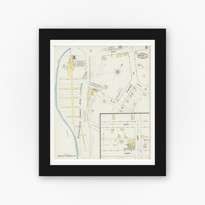 Old map wall art mockup — black gallery frame with white mat — Sanborn Fire Insurance Map from Merrill, Lincoln County, Wisconsin (1888), Sheet #0008