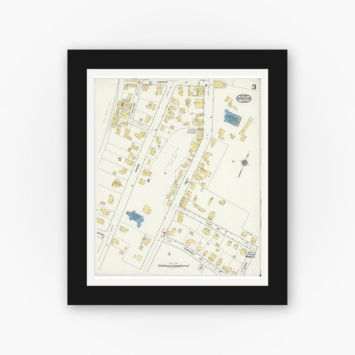Old map wall art mockup — black gallery frame with white mat — Sanborn Fire Insurance Map from Monson, Hampden County, Massachusetts (1918), Sheet #0003